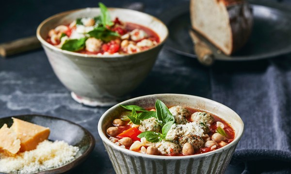 Thumbnail for Recipe: Chicken meatball, chickpea and pasta soup