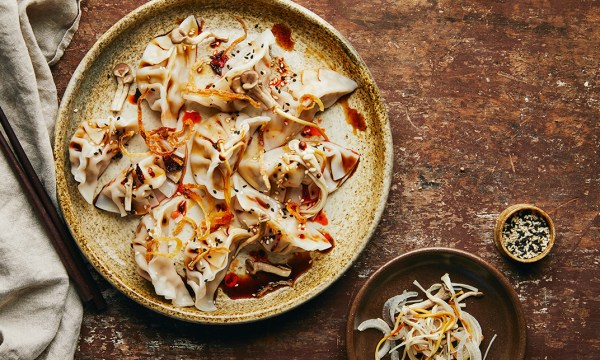 Thumbnail for Recipe: Pork & shiitake dumplings with pickled mixed mushrooms
