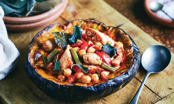 Thumbnail for Recipe: Pumpkin with smokey sausages, speck, beans and red capsicum