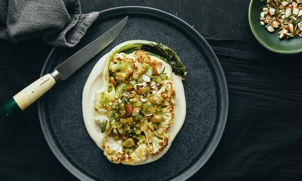 Thumbnail for Recipe: Pan-fried cauliflower with green olives, almonds & tahini cream