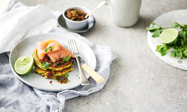 Thumbnail for Recipe: Sweet corn fritters with smoked salmon and chilli jam