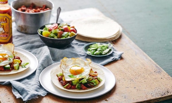 Thumbnail for Recipe: Chorizo breakfast tacos with avocado salsa