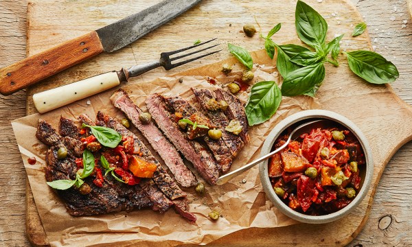 Thumbnail for Recipe: Garlic steak with eggplant salsa verde