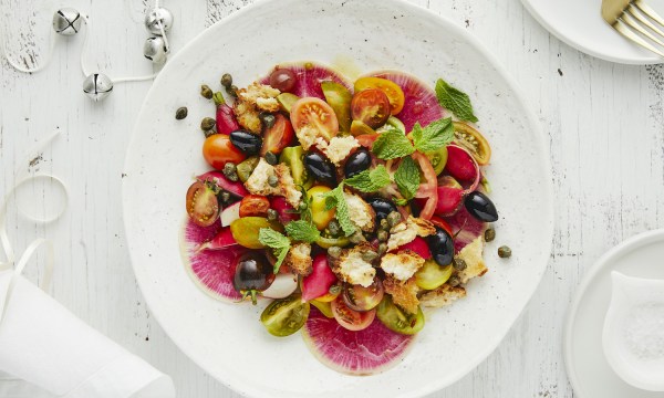 Thumbnail for Recipe: Heirloom tomato, olive, caper, radish and mint panzanella salad