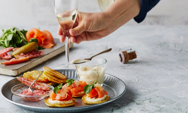 Thumbnail for Recipe: Smoked salmon, finger lime and creme fraiche blini 