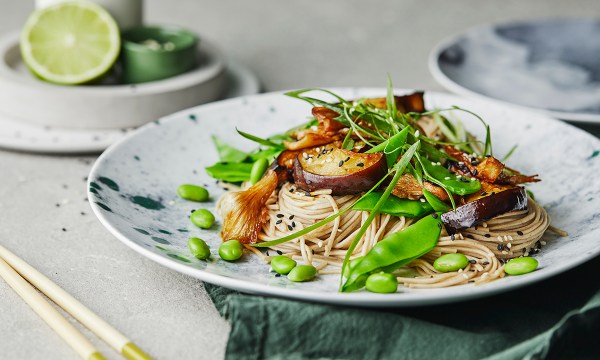 Thumbnail for Recipe: Soy roasted eggplant with edamame soba noodle salad