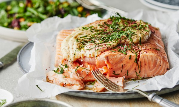 Thumbnail for Recipe: Slow baked salmon with almond tarator, lentil and asparagus tabouli