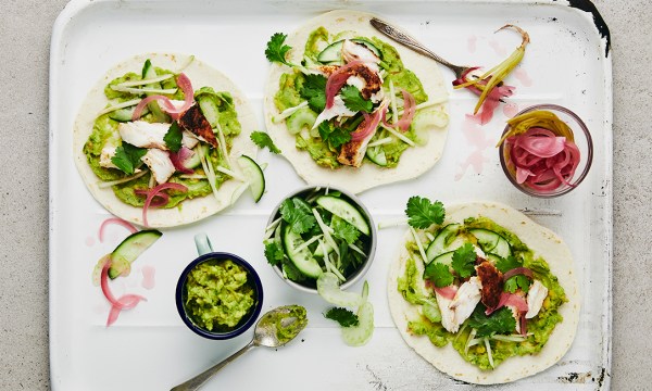 Thumbnail for Recipe: Snapper tacos  with avocado,  green apple salsa and pickled onion