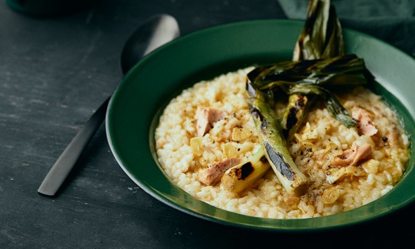 Thumbnail for Recipe: Smoked trout risotto with charred leeks & garlic chips